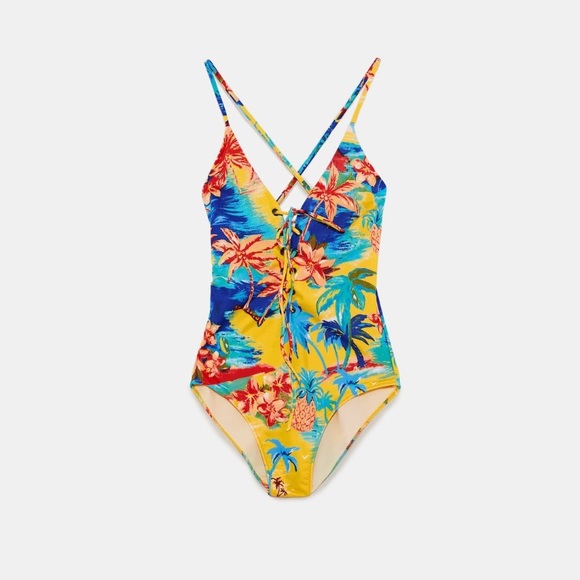 Zara Printed Swimsuit With Tie Lace Front Size MEDIUM /& LARGE